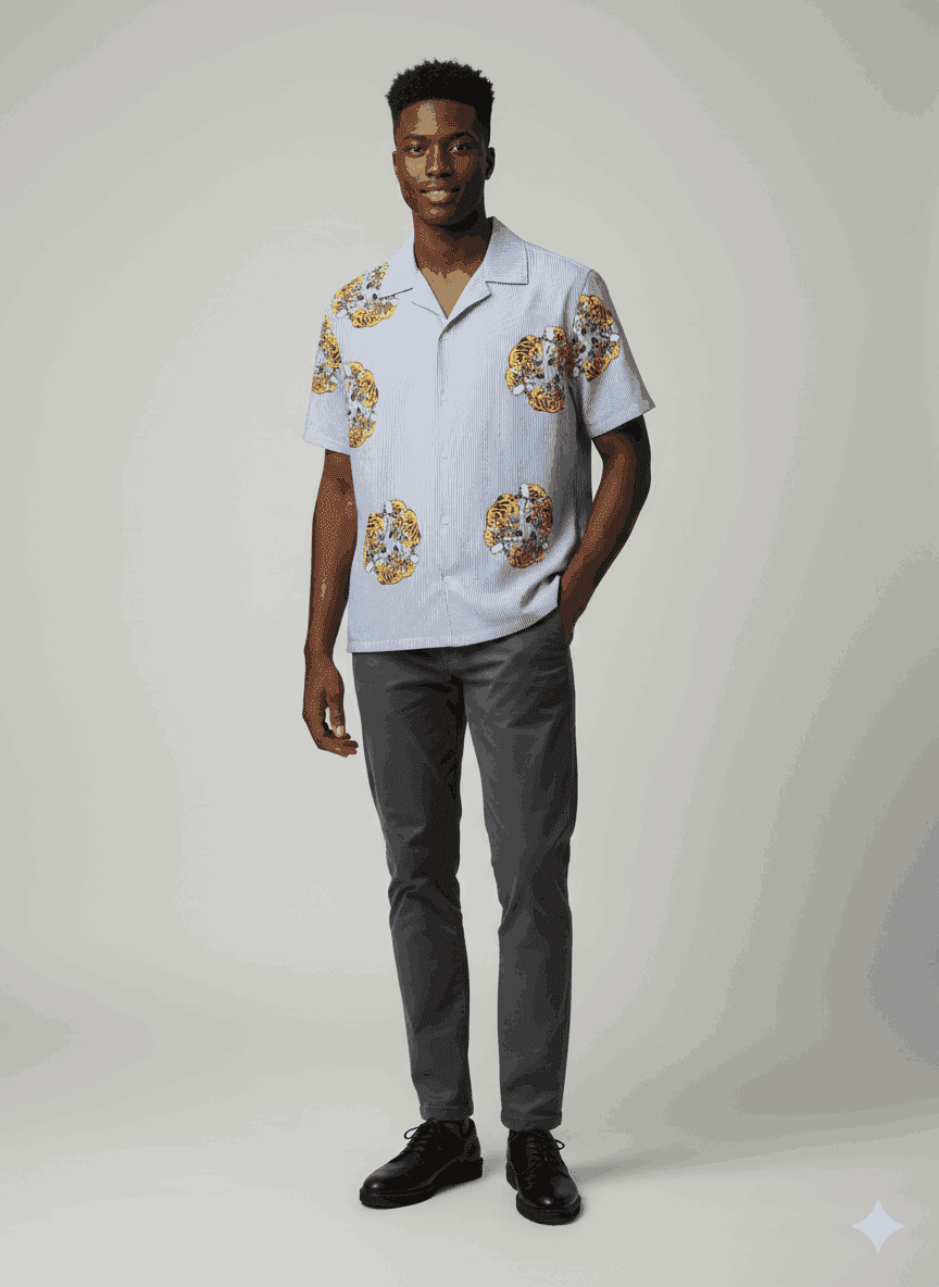 Light Blue Striped Short-Sleeved Camp Collar Shirt