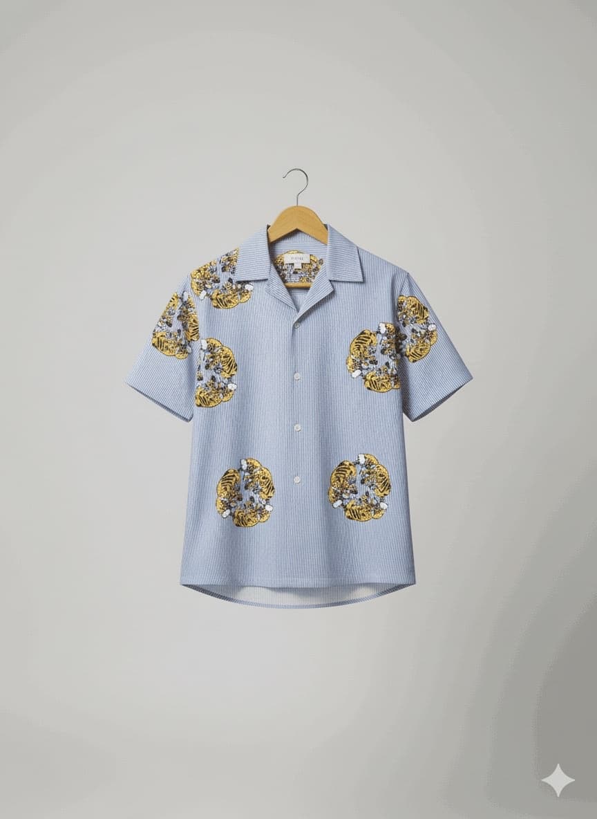 Striped Short-Sleeve Camp Collar Shirt with Tiger Head Graphics